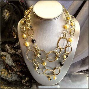 Signed Doncaster Long Vintage Necklace Gold Hoops w Pearls